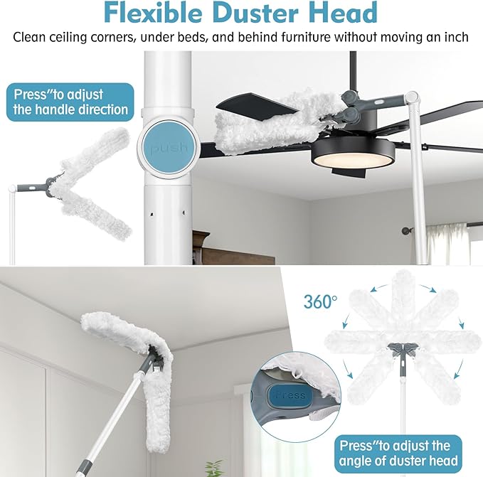 CLDREAM Microfiber Duster with Extension Pole,Ceiling Fan Cleaner Duster with 60" Long Handle,Long Dusters for Cleaning Ceiling Fan, High Ceiling,Wall,Blinds,Furniture,Adjustable Head,White