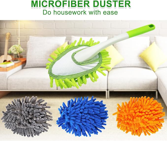 Microfiber Feather Duster,13 Inch Length, with 4 pcs Washable Cloth, Car Duster, Perfect for Cleaning Windows, Tables, Cars,Furniture, Keyboards, Fans, Screens,Mirrors