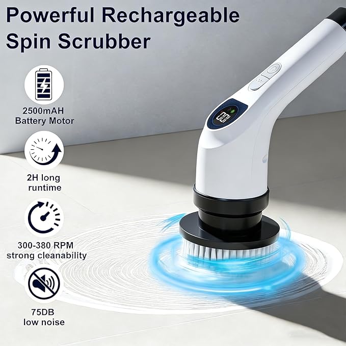 Cleanninja Electric Spin Scrubber for Cleaning, Adjustable Shower Brush with 7 Replaceable Heads & Power LED Display, 2 Speed Waterproof Cordless Shower Scrubber for Bathtub, Kitchen, Car, White