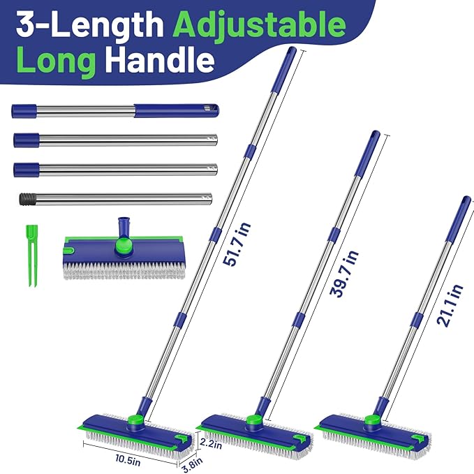 Floor Scrub Brush with Long Handle: 3 in 1 Heavy-Duty Floor Scrubber Brush with Squeegee for Cleaning Tile Bathroom Deck Kitchen Patio - Blue