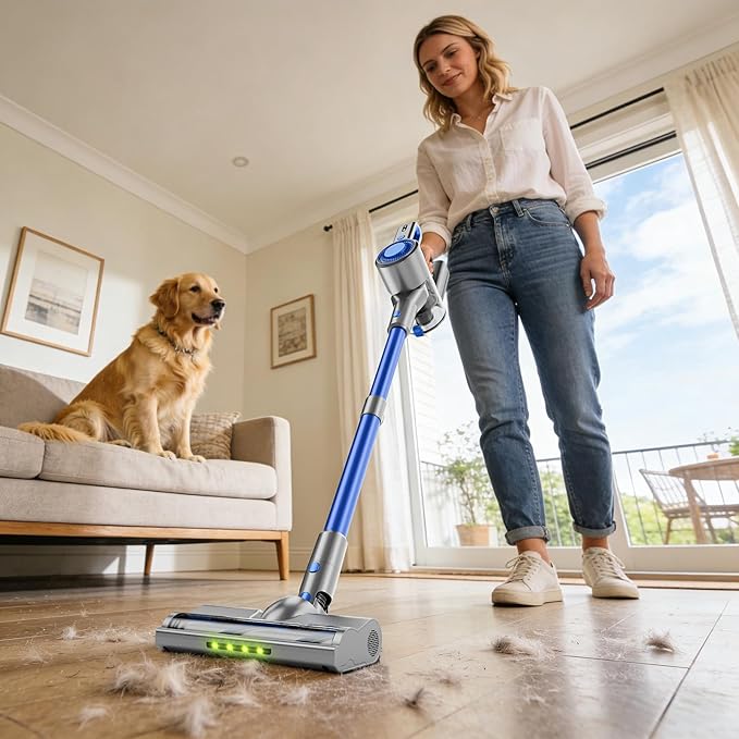 Cordless Vacuum Cleaner for Home, Powerful Stick Vacuum with Rechargeable Battery, Green Light Anti-Tangle Brush, 6-in-1 Lightweight Handheld Vacuum for Pet Hair, Hard Floor, Carpet, Blue