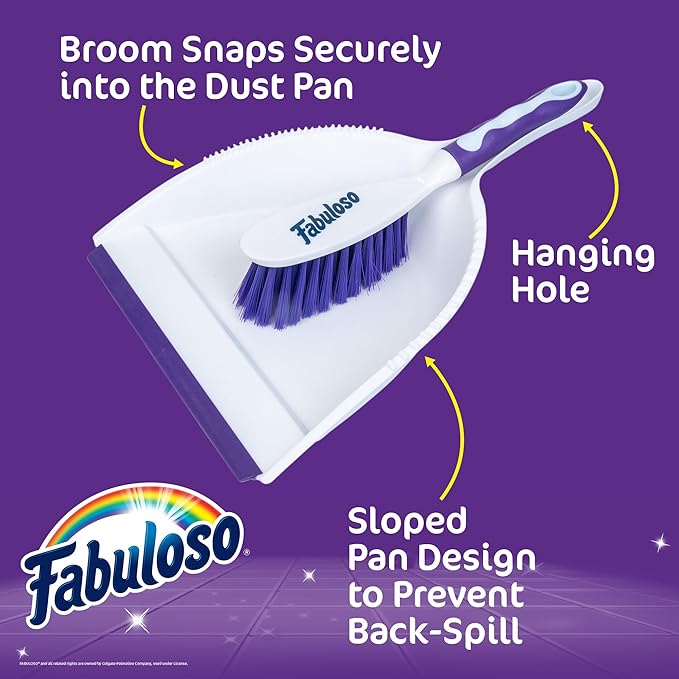 Fabuloso Brush and Dustpan Set, Compact Hand Broom Floor Sweeper with Snap-Together Storage and Hanging Hole, Quick Sweeping for Kitchen, Bathroom, Office and Car, White & Purple