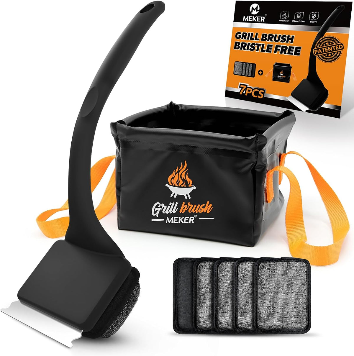 7Pcs Grill Brush Bristle Free with Collapsible Bucket for Grill Cleaning