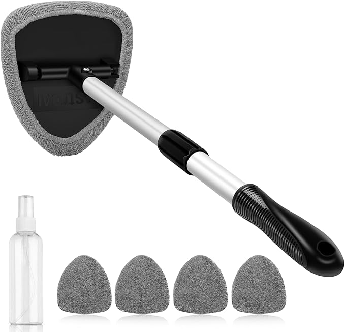 AstroAI 21" Windshield Cleaner Tool, Car Interior Detailing Cleaning Kit with Extendable Handle and 4 Upgraded High-Density Reusable Microfiber Pads, Auto Glass Wiper Brush Kit for Cars, Gray