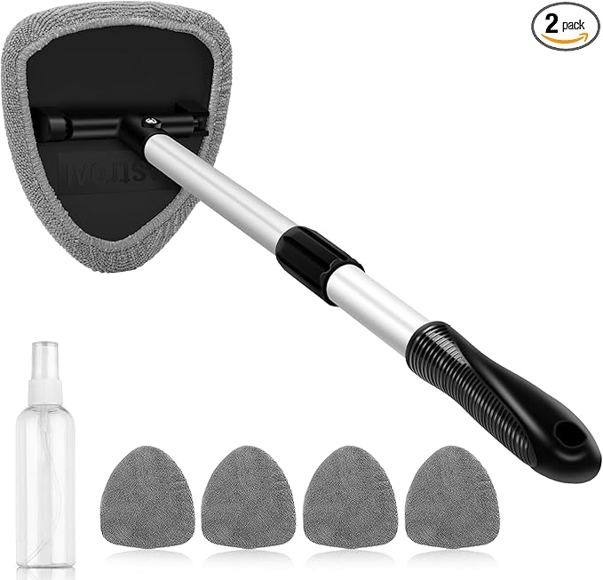 AstroAI 21" Windshield Cleaner Tool, Car Interior Detailing Cleaning Kit with Extendable Handle and 4 Upgraded High-Density Reusable Microfiber Pads, Auto Glass Wiper Brush Kit for Cars, Gray, 2 Pack