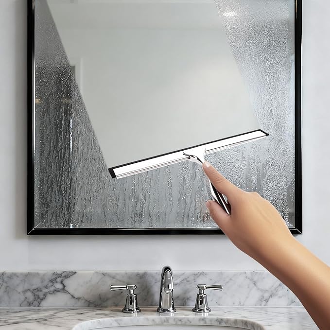 Squeegee for Shower Glass, 10-Inch Shower Squeegee for Glass Doors, All-Purpose Stainless Steel and TPR Rubber for Streak-Free Cleaning on Glass Shower Doors, Mirrors, Windows, Tile and Car Glass