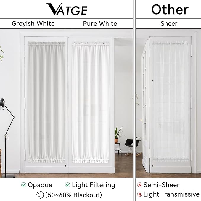 Vatge 50% Sunlight Blocking French Door Curtains - Rod Pocket Curtain Panel for Door Decoration, No Drill Rodless Blackout Drape, 1 Panel, W54 x L72, Greyish White