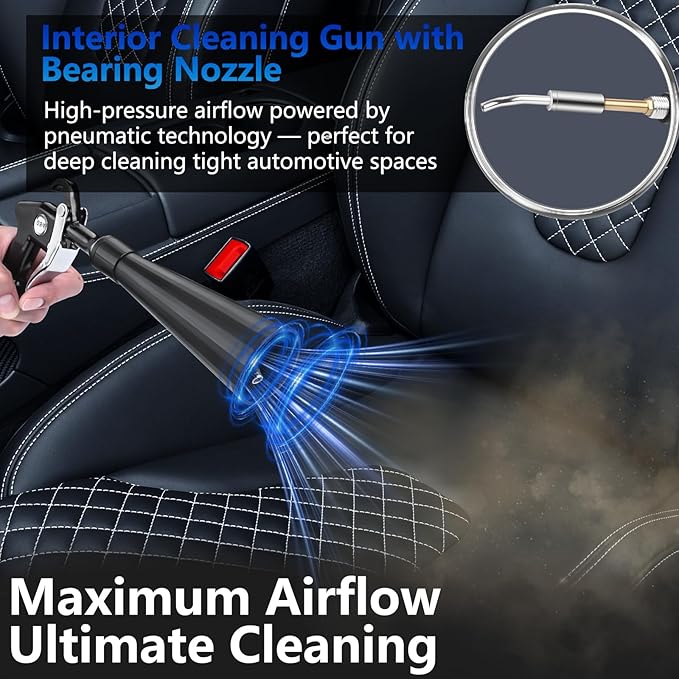 Preciva Tornado Blow Gun, Air Duster for Interior Seats, Headliner, AC Vents, Crevice Cleaning, High-Pressure 60-160PSI (0.6-0.92MPa), 1/4" Quick Connect, Includes 2 Nozzles & 2 Connectors