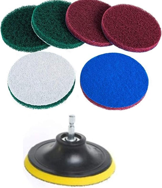 DUOSHIDA 4 Inch Drill Powered Brush Tile Scrubber Scouring Pads Cleaning Kit, 2 Different Stiffness, 4-Inch Disc Pad Holder with 6 Scrubbing Pads, Cleans Large Flat Areas Perfectly (4-inch)
