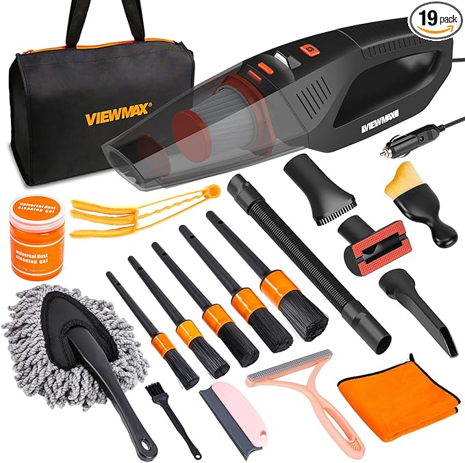 Car Cleaning Kit 19Pcs, Car Interior Detailing Kit with 12000PA High Power Handheld 12V Corded Vacuum, Detailing Brush Set, Cleaning Gel, Complete Car Vacuum Cleaner with Storage Bag for Men & Women