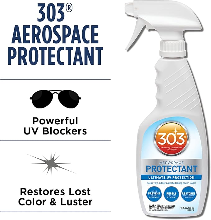 303 Products (30308CSR) UV Protectant Spray for Vinyl, Plastic, Rubber, Fiberglass, Leather & More – Dust and Dirt Repellant - Non-Toxic, Matte Finish, 16 Fl. oz., White