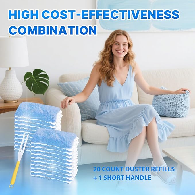 Duster Refill for Swiffer Duster, 20 Count Heavy Duty Duster Refills Kit with 1 Handle for Cleaning Dusting Furniture Blind Ceiling Fan, 360 Disposable Refills Feather Duster