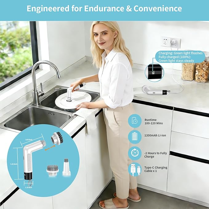Electric Dish Scrubber, Mini Cordless Kitchen Cleaning Brush with 4 Replaceable Heads, 20W High-Torque Dual Speed, IPX7 Waterproof LED Display 90-120 Mins Runtime (ECB-S3)
