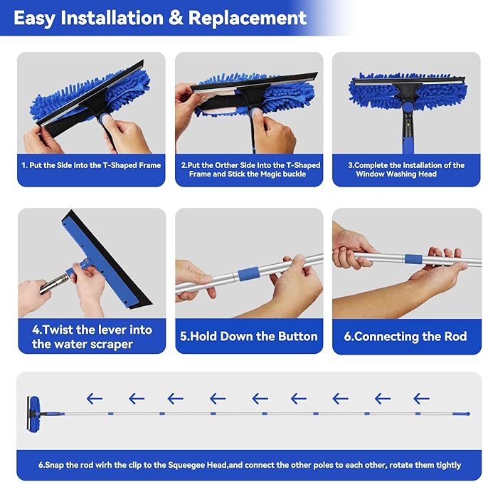 Window Squeegee Tool with Extension Pole: 20+ Feet Microfiber Scrubber Window Cleaning Kit for Rv Truck Bus Car Windshield - 3 to 14 Ft Spliceable Extendable Long Duster for High Outside Solar Panel