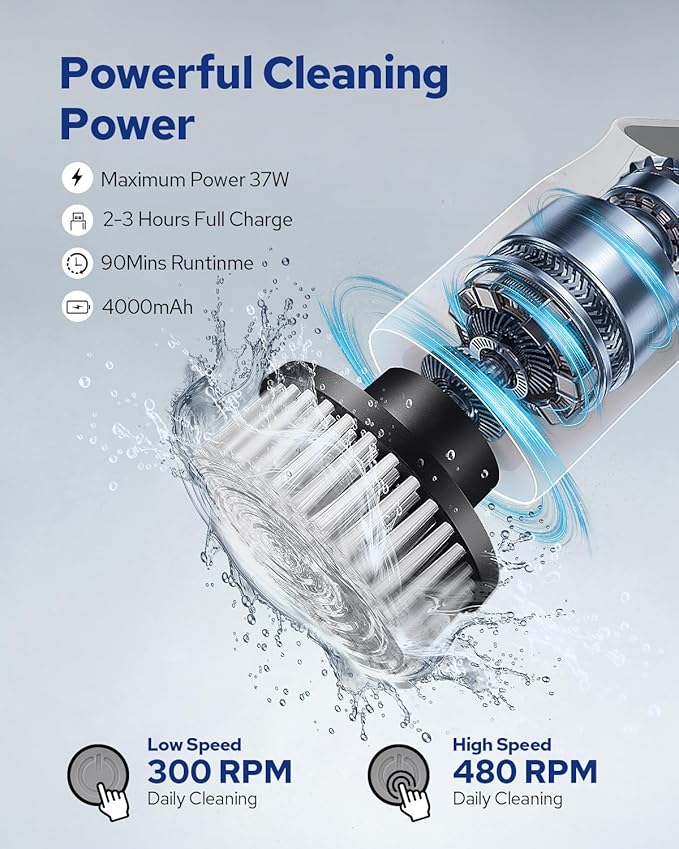 Benlari Electric Spin Scrubber- 2025 Upgraded Dual Switch Power Shower Scrubber for Tile Tub Glass Wall Floor Car - Cordless Cleaning Brush for Bathroom Kitchen Bedroom Toilet (White)
