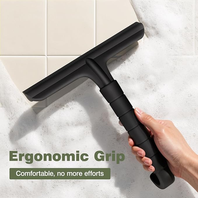 Roylvan Silicone Shower Squeegee, All-in-One Shower Squeegee for Glass Doors with Built-in Hook, Household Window Mirror Cleaner for Bathroom Glass Kitchen Tile Wall Car, Black