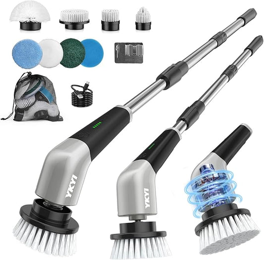 YKYI Electric Spin Scrubber, Cordless Power Scrubber Cleaning Tool with 8 Replaceable Heads and Extension Handle for Bathroom, Tub, Tile, Floor, Grout and Car (Gray)