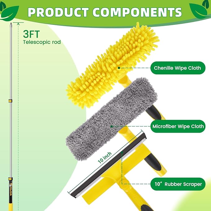 45'' Long Reach Window Squeegee with Telescoping Extension Pole, 2-in-1 Indoor/Outdoor Cleaning Tool with 270° Rotatable Head, Lightweight Alloy Aluminum Pole for Shower Door, Mirror, Car Windshield