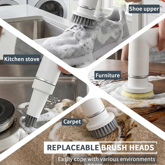 6-in-1 Electric Spin Scrubber with 5 Brush Heads – Cordless, Rechargeable, Dual-Speed & Waterproof, Electric Scrubber for Cleaning Bathroom Tile Floor Window Kitchen Sink