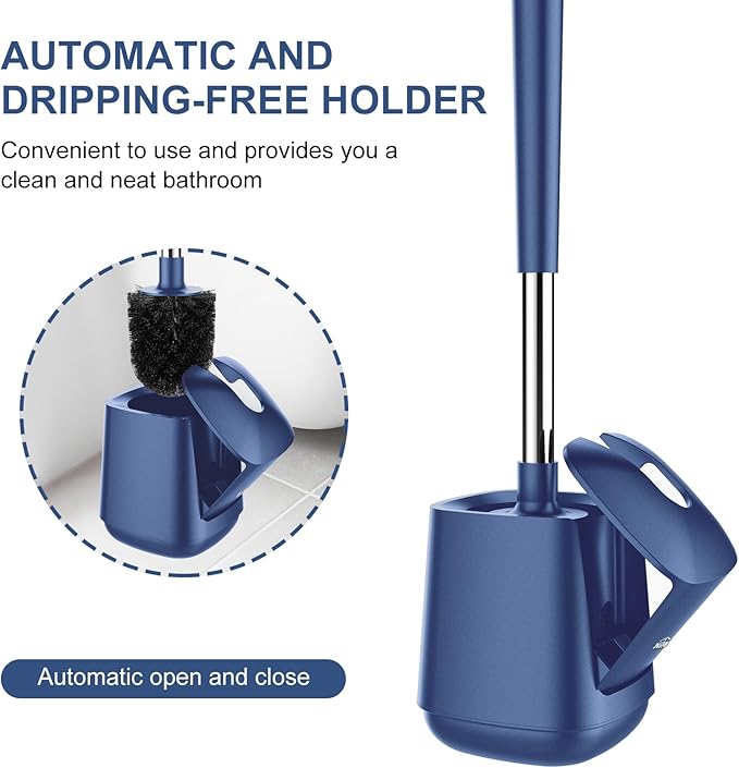 SetSail Toilet Brush and Holder, Self Closing Lid Toilet Bowl Brushes Holder and Extra Long Handle Ventilated Toilet Brush Set for Bathroom Cleaning, Nylon Bristles, 2 Packs-Dark & Blue