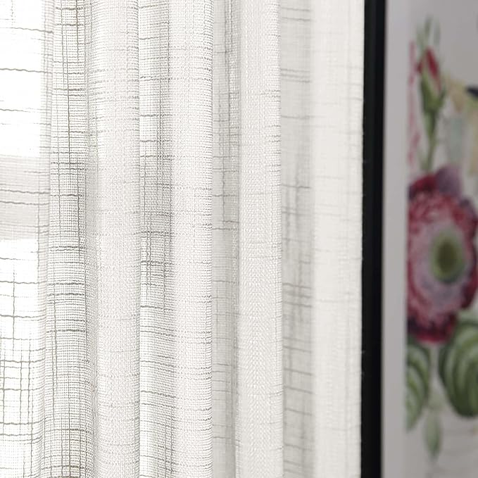jinchan Linen French Door Curtain with Open Weave Semi-Sheer Door Curtain Decor 40 Inches Long Drape Rod Pocket 1 Panel Light-Filtering Privacy Window Decor 1 Tieback Included White