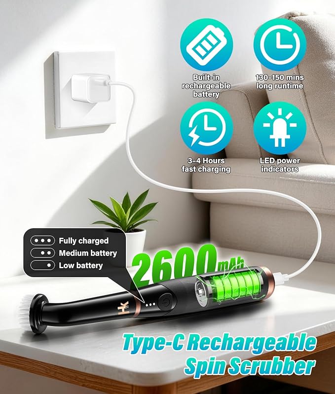 2026 Upgraded Cordless Electric Spin Scrubber, 360° High-Torque Rotation, 3 Speed, 2600mAh Rechargeable, IPX7 Waterproof with 11 Brush Heads, Cleaning Brush for Grout, Tiles, Sinks, Crevices