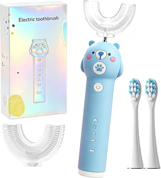 Kids Electric Toothbrush, with 4 Cleaning Modes, with 4 Brush Heads, Toddler U Shaped Toothbrush with 2 Soft Brush Head，Cartoon Bear 360-Degree Cleaning IPX7 Waterproof Design (Ages 2-16)