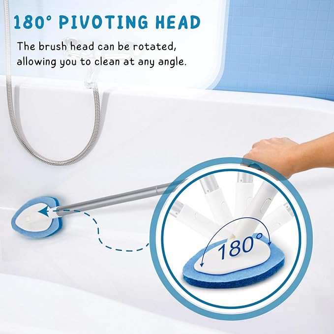 Shower Scrubber, Bathroom Tub and Tile Cleaner Brush with Long Handle, 47'' Bathtub Cleaning Tool with 6 Refill Pads