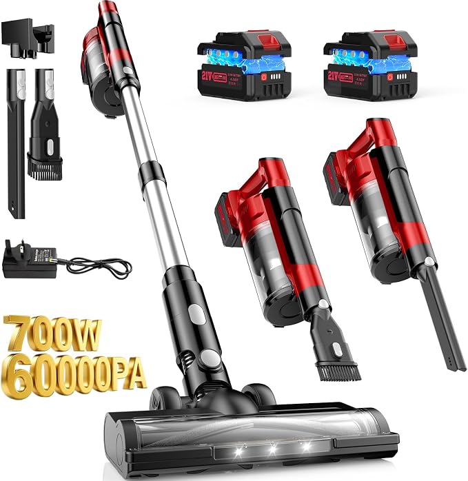 Cordless Vacuum Cleaners for Home with 2*Battery 8000mAh, Brushless Rechargeable Stick Vacuum with 3 Mode, 6 In 1 Portable Handheld Cordless Vacuum for Pet Hair /Hardwood Floor/Dorm/Carpet (Red) - Cleanova