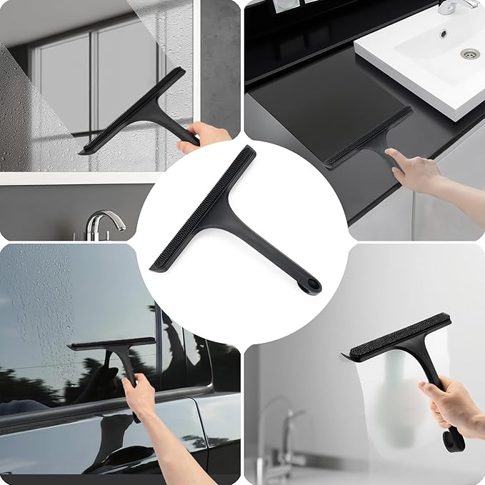 10.7“ Wide All-Purpose Shower Squeegee for Glass Doors, Squeegee for Shower Glass with Hook, Window Squeegee for Home, Small Squeegee for Shower, Bathroom, Car Glass, Mirror (Black)