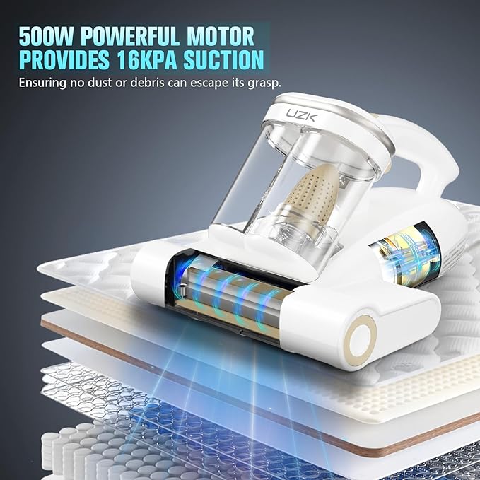 Bed Vacuum Cleaner Mattress Vacuum Cleaner,16Kpa Powerful Handheld Vacuums with UV-C Light & Double Dust Cup & High Heating & Ultrasonic & HEPA Filter for Bed Sofa(Corded,Cream White)
