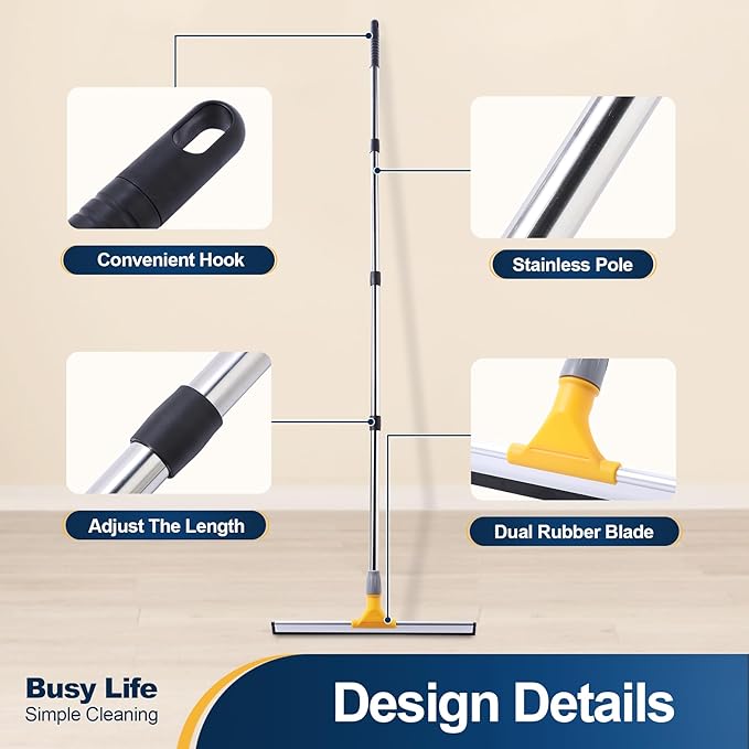 Yocada Rubber Floor Squeegee 17.7" TPR Blade Scrubber Broom 61.8inch Pole Household Broom for Garage Courtyard Shower Bathroom Floor Marble Glass Tile Water Foam Pet Hair Removal Cleaning