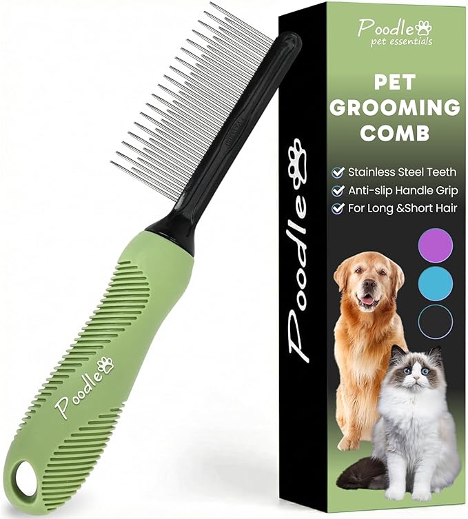Poodle Grooming Comb - Metal Dematting Comb with Long & Short Stainless Steel Teeth for Removing Matted Hair & Knots, Safe and Gentle for Dogs & Cats (Green)