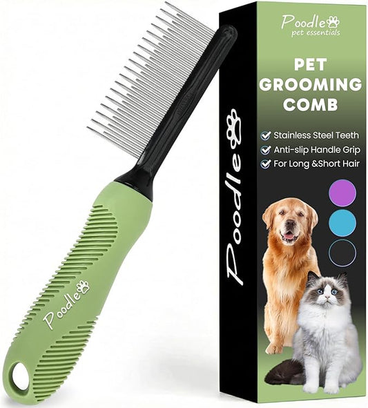 Poodle Grooming Comb - Metal Dematting Comb with Long & Short Stainless Steel Teeth for Removing Matted Hair & Knots, Safe and Gentle for Dogs & Cats (Green)