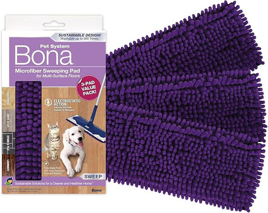 Bona Pet System Microfiber Sweeping Pads for Multi-Surface Floors - 3 Count - Washable and Reusable - Attracts & Traps Cat and Dog Hair - Fits All Bona Mops