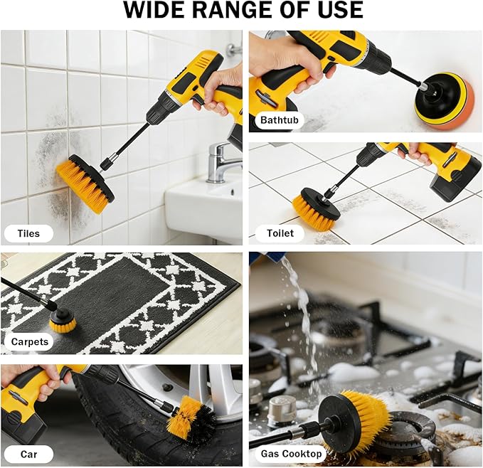 18PCS Drill Brush Attachments Set, Power Cleaning Scrub Brushes with Scrub Pads, Sponge, Extend Long Attachment, Cleaning Brush Supplies for Bathroom Bathtub, Grout, Tile, Sinks, Corners, Car Wheel