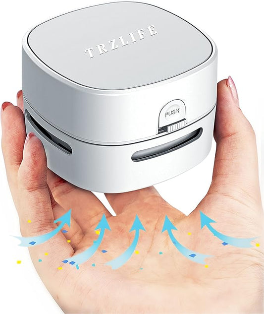 TRZLIFE Mini Desk Vacuum, 2 AA Battery Powered Must-Have Office Accessory for Crumbs and Tiny Debris from Desktop, Countertop, Ideal Gift, White