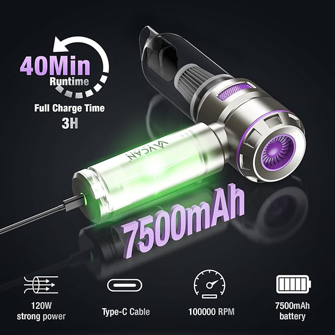 Car Vacuum Portable Cordless 18000PA High Power Mini Vacuum Cleaner Hand Vacuum Cordless Rechargeable, with with Brushless Motor for Car Detailing Keyboard Cleaner Home Cleaning(Purple)