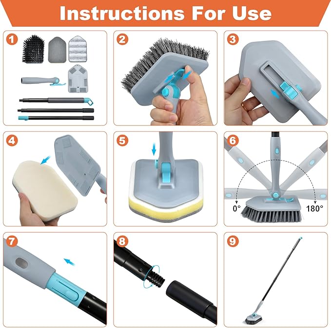 Long Handled Scrub Brush for Shower,3-in-1 Cleaning Brushes with 3 Different Function Cleaning Heads Brush for Shower Cleaning Bathroom Kitchen Walls Tub Tile (Grey)