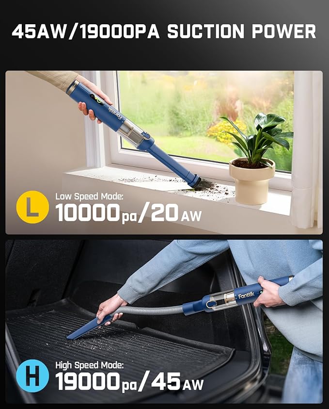 Fanttik Slim V10 APEX Cordless Car Vacuum, 4-in-1 Portable Mini Handheld Vac, 19kPa Suction Power, Upgraded Smart Digital Display, 2 Suction Modes for Small Jobs, Car, Office Desk, Keyboards (Blue)