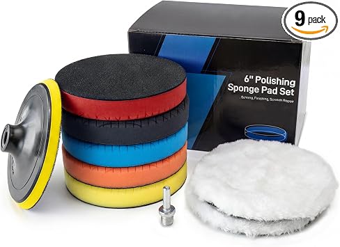 9Pcs Buffing Polishing Pads Kit, 6 Inch Buffing Pads, Sponge & Woolen Pads with M14 Drill Adapter & Backing Plate for Ca