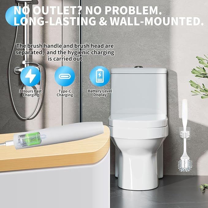 Electric Toilet Brush, Ultra Quiet & Powerful Scrubbing, IPX7 Waterproof Self-Cleaning Brush for Toilet/Bathtub/Grout, Cordless Spin Scrubber with 320RPM Turbo Power - White