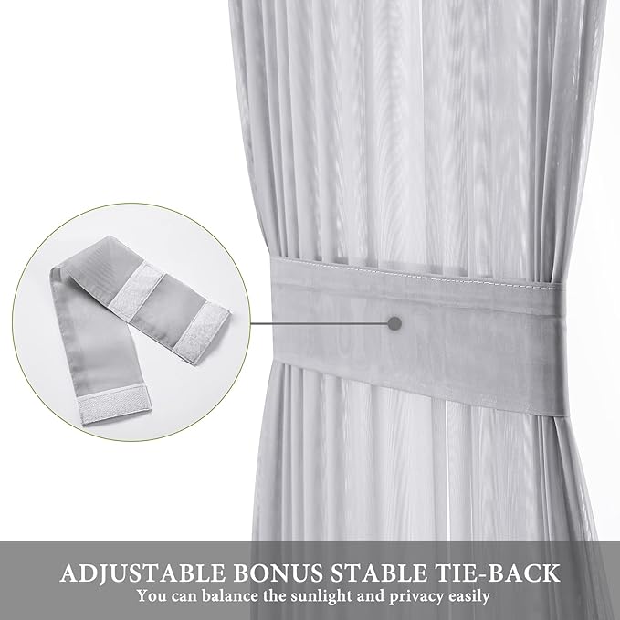 MIULEE 2 Panels Sidelight French Door Curtains Semi Sheer Light Filtering Window Treatment 25 x 72 Inches with Tieback - 2 Panels,Light Grey