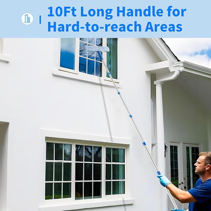 10Ft Window Cleaning Kit with Extension Pole, 14" Squeegee and 15" Scrubber with Long Handle, Window Cleaner Tool Washing Equipment for Outdoor High Windows Glass