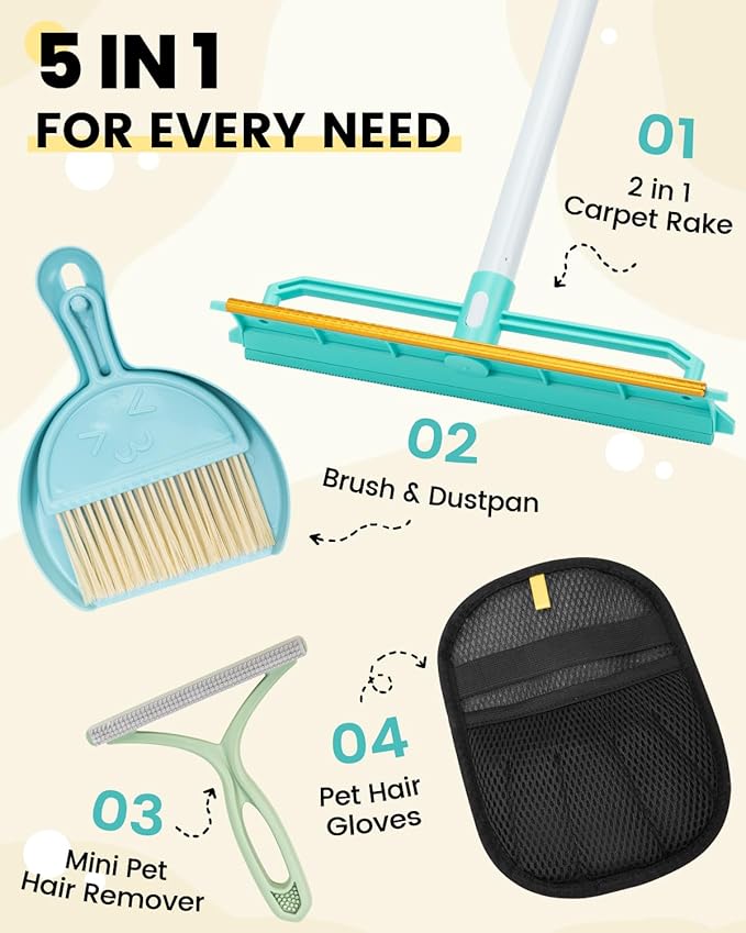 Carpet Rake for Pet Hair Removal - 5-in-1 Dual-Sided Rubber & Metal Carpet Scraper Tool with 60" Adjustable Handle, Used for Cleaning Dog and Cat Fur on Furniture, Short Pile Carpets, Rugs