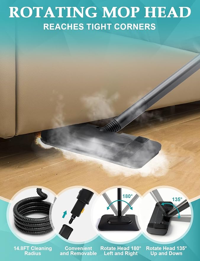 Steam Mop, 2500W High-Pressure Deep Cleaning Steam with 1.69QT Tank, 221°F & 3-Level Temp Steam Cleaner 10S Fast Heat-Up with19 Accessories for Floor, Car, Kitchen, Carpets, Window (MINT GREEN)