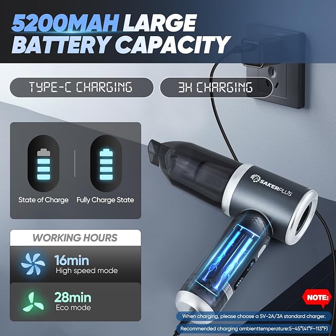SakerPlus Mini Vacuum Cleaner, 3 in 1 Cordless Handheld Vacuum Cleaner, 13000Pa High Power Car Vacuum Cleaner with Brushless Motor,Adjustable Car Vaccum Portable Cordless for Cars,Desktop-DBS03