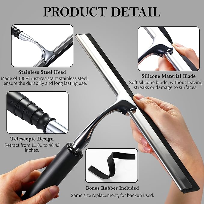 Toncoke 2 in 1 Window Squeegee, Shower Squeegee Window Cleaning Kit with Extension Pole Long Handle Squeegee for Shower Glass Floor Bathroom Home Outdoor, 12 inch Wide, Black