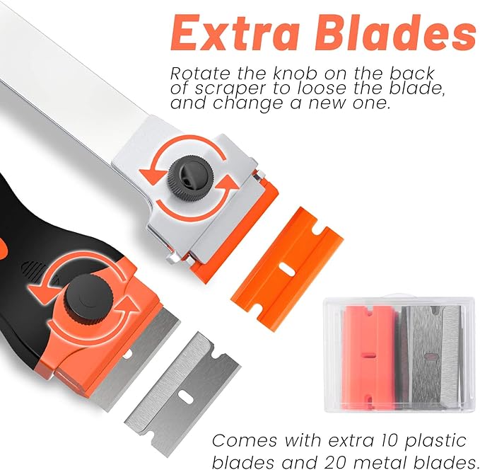 DEKEones Razor Blade Scraper, 2 PCS Razor Scraper Tool for Removing Label, Registration Sticker, Tint, Grease from Windshield, Appliance, Glass (Extra 20 Metal and 10 Plastic Blades)