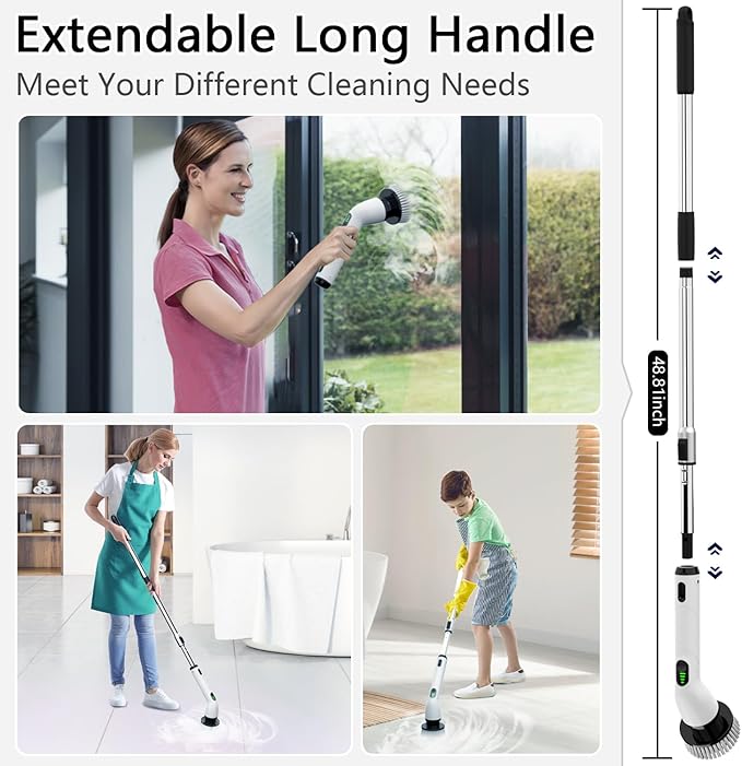 TUYU Electric Spin Scrubber, Full-Body IPX7 Waterproof Bathroom Scrubber,4 Replacement Head for Adjustable Extension Handle Electric Cleaning Brush for Bathroom, Tub, Tile